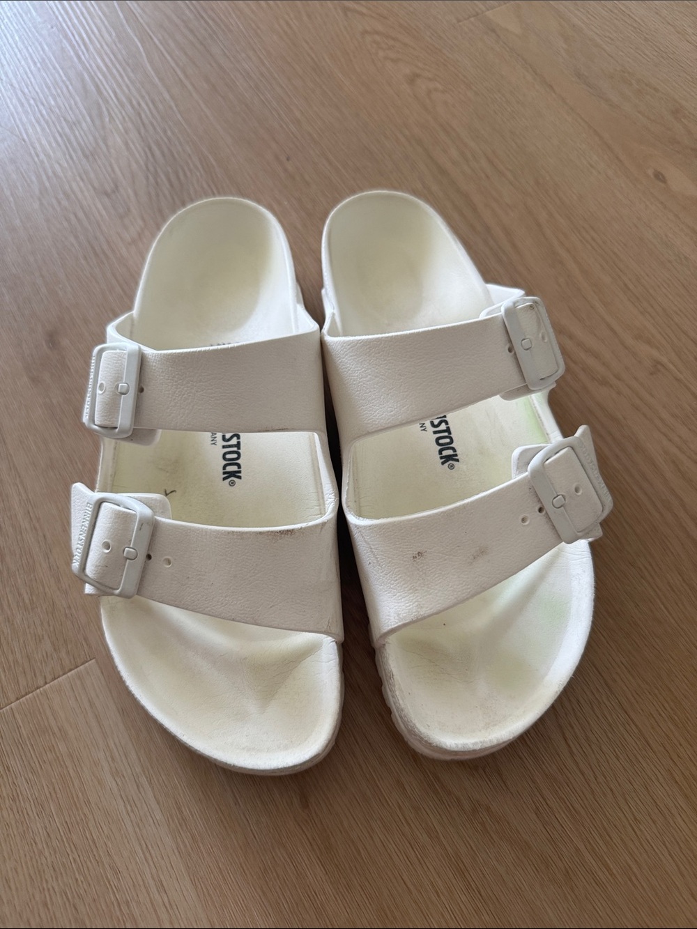 White Birkenstock Double-Buckle Slide Sandals